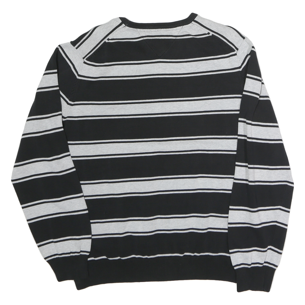 TOMMY HILFIGER Mens Black & Grey Striped Plain Crew Neck Basic Knit Jumper XL