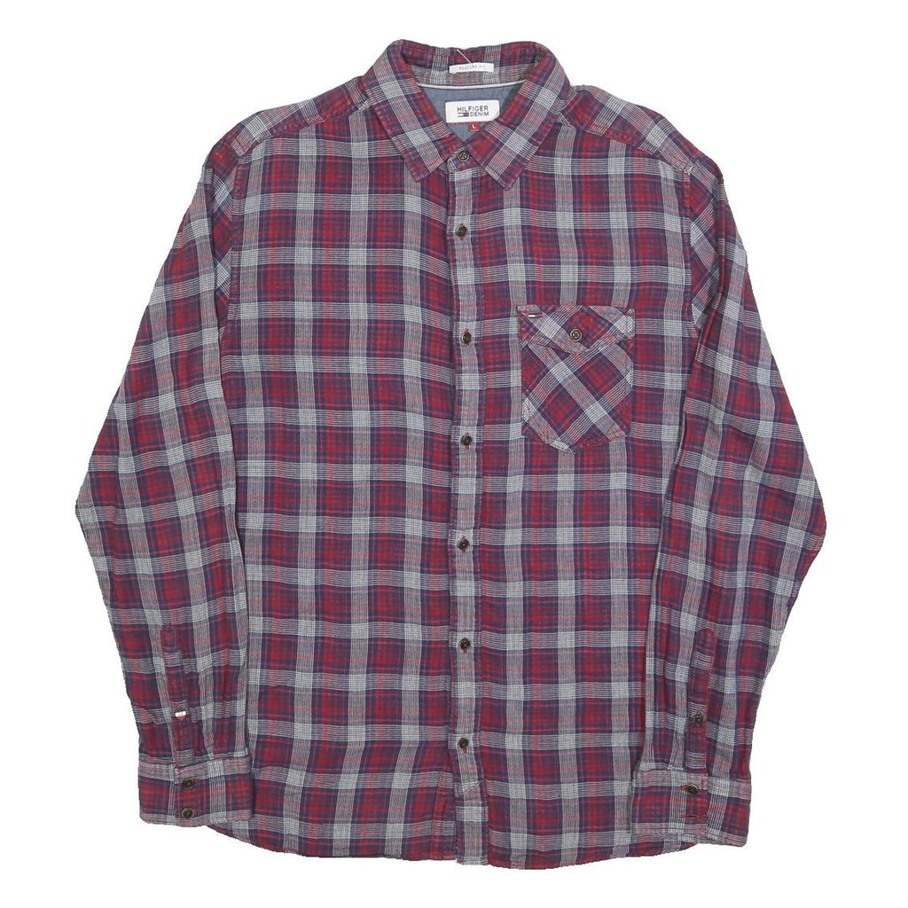 TOMMY HILFIGER Mens Red & Grey Check Shirt L Cotton Blend Casual Long Sleeve