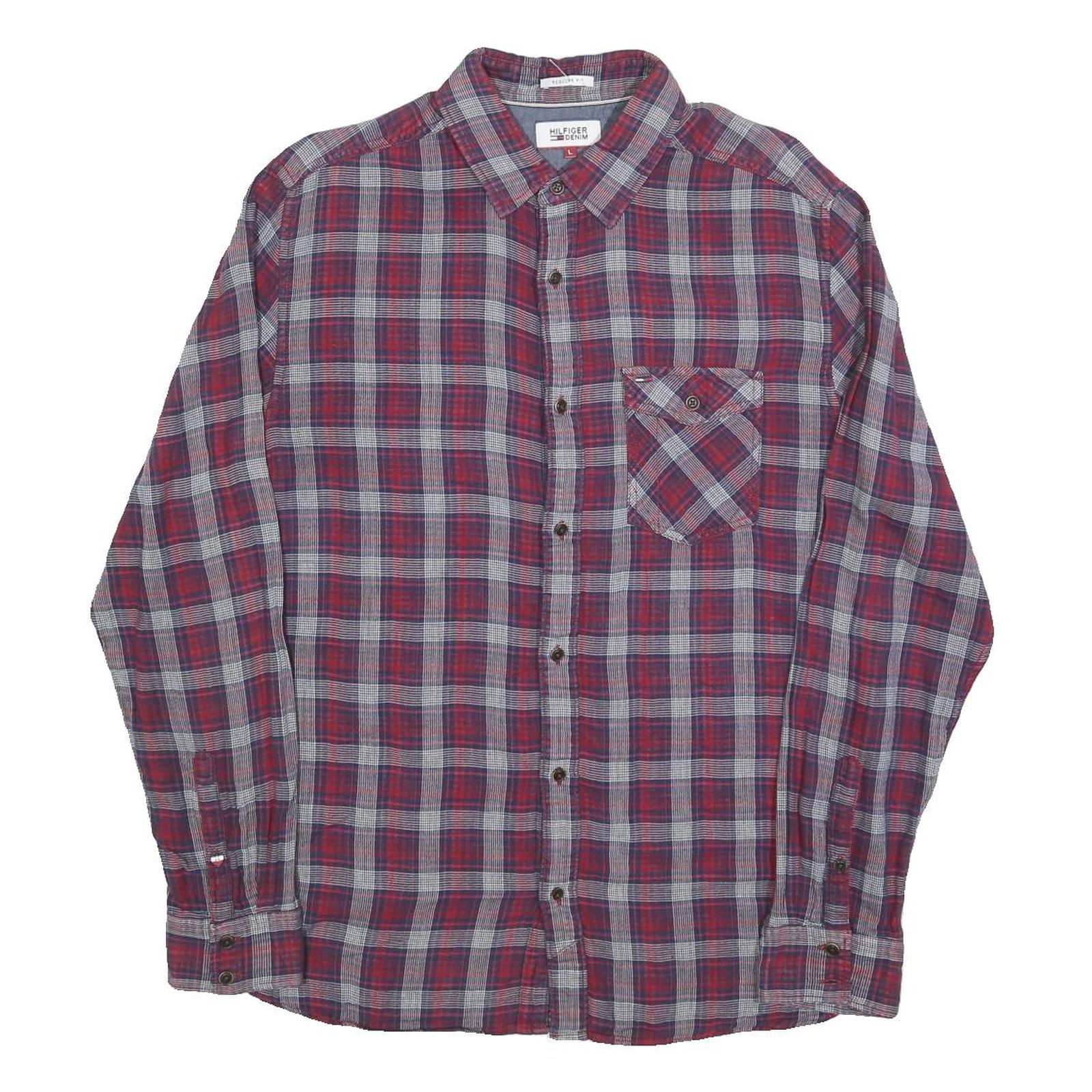 TOMMY HILFIGER Mens Red & Grey Check Shirt L Cotton Blend Casual Long Sleeve