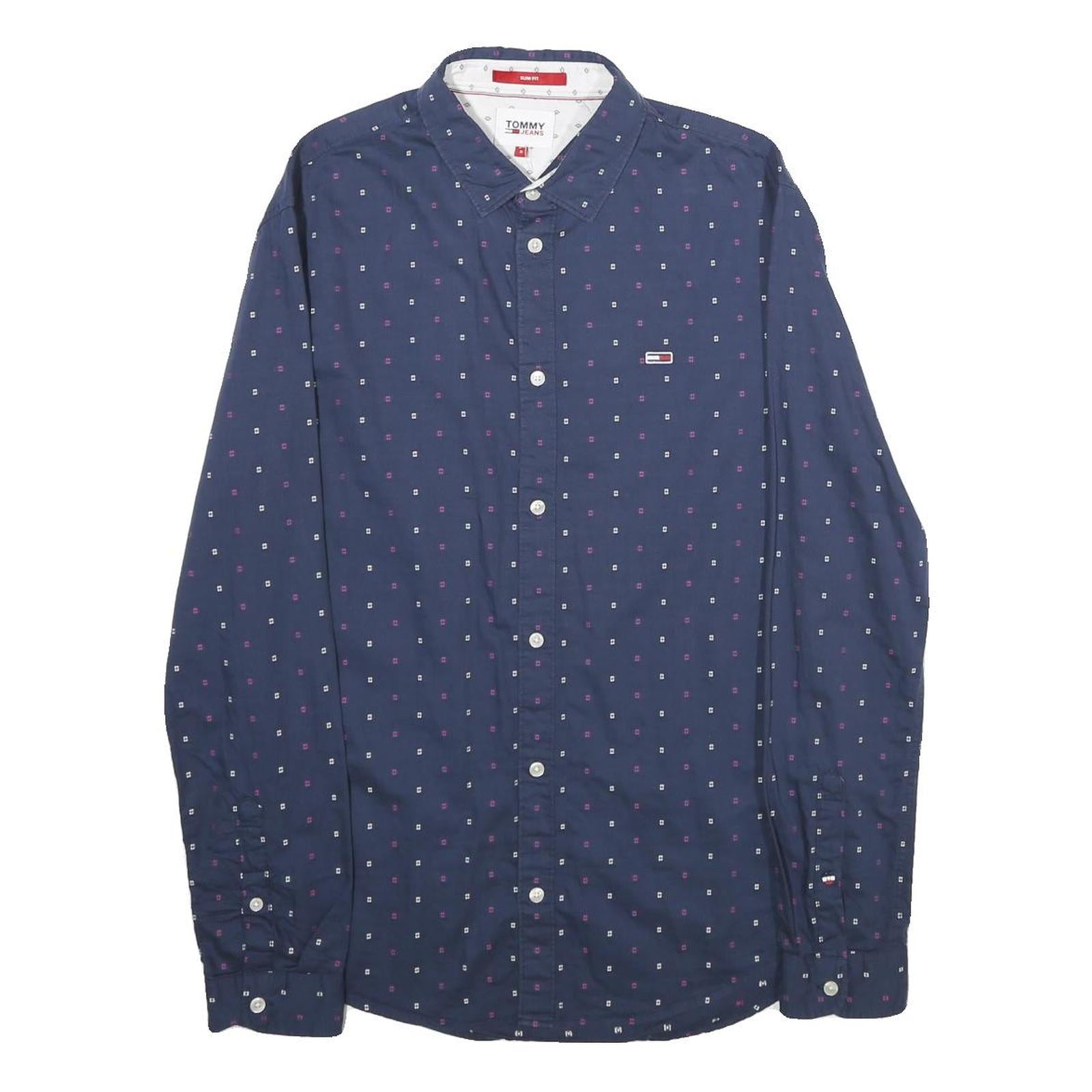 TOMMY JEANS Mens Blue & Pink Slim Fit Shirt S Cotton Button Long Sleeve