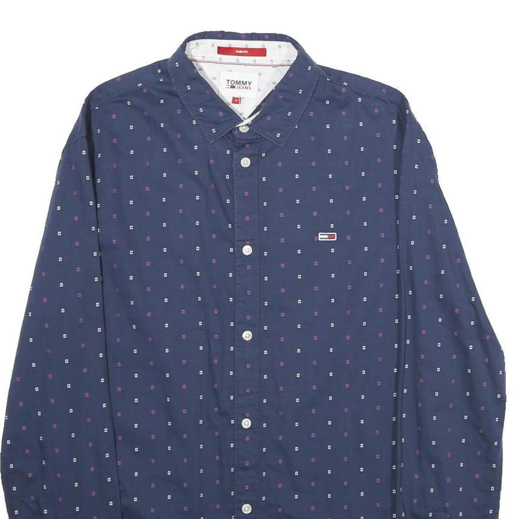 TOMMY JEANS Mens Blue & Pink Slim Fit Shirt S Cotton Button Long Sleeve