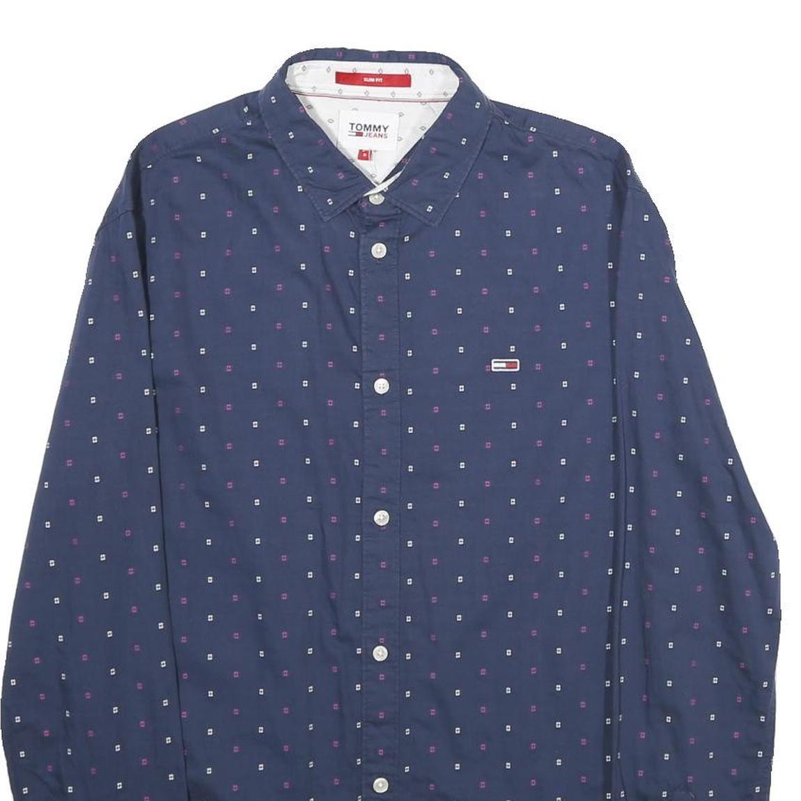 TOMMY JEANS Mens Blue & Pink Slim Fit Shirt S Cotton Button Long Sleeve