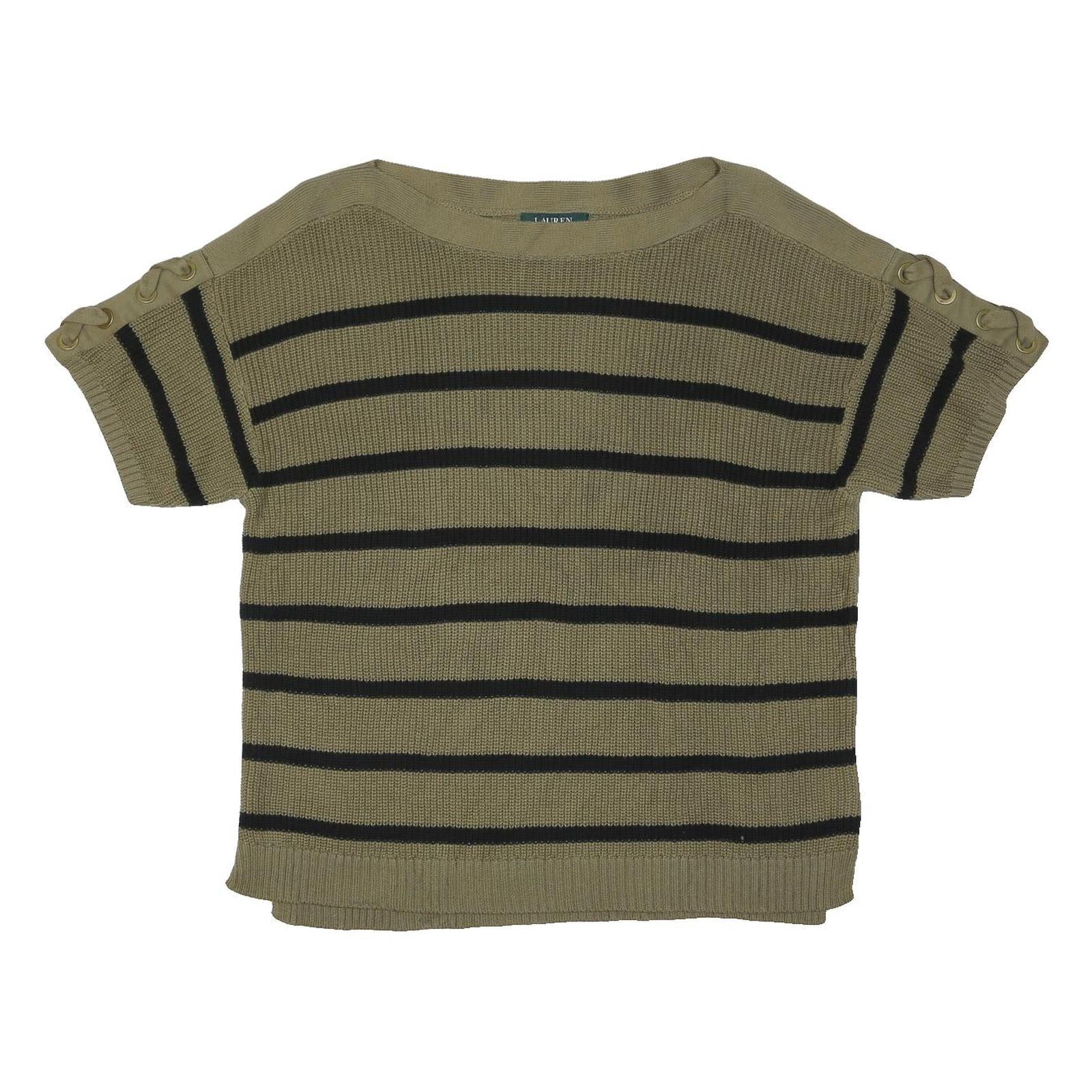 LAUREN RALPH LAUREN Womens Beige & Black Striped Plain Crew Neck Jumper L Cotton