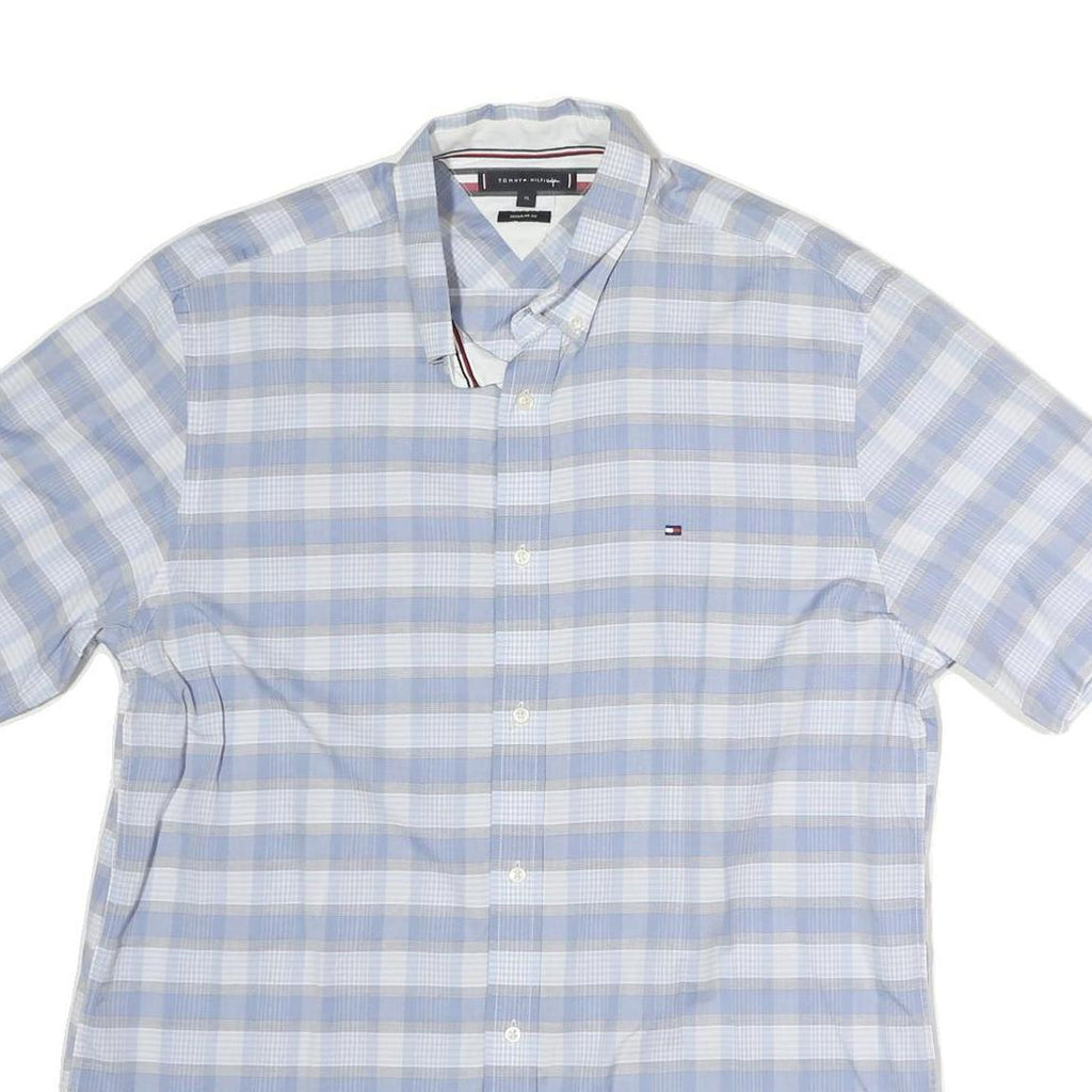 TOMMY HILFIGER Mens Blue & White Check Short Sleeve Shirt XL Button Down Casual