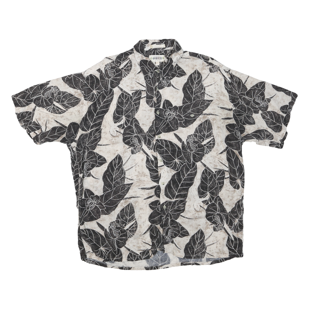 CAMPIA Mens Black & Cream Leaf Print Rayon Shirt XL Casual Summer Short Sleeve