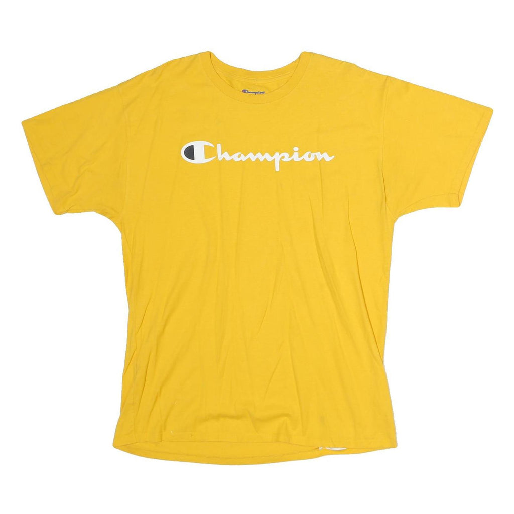 CHAMPION Mens Yellow Logo Print T-Shirt L Short Sleeve Crew Neck Cotton Casual