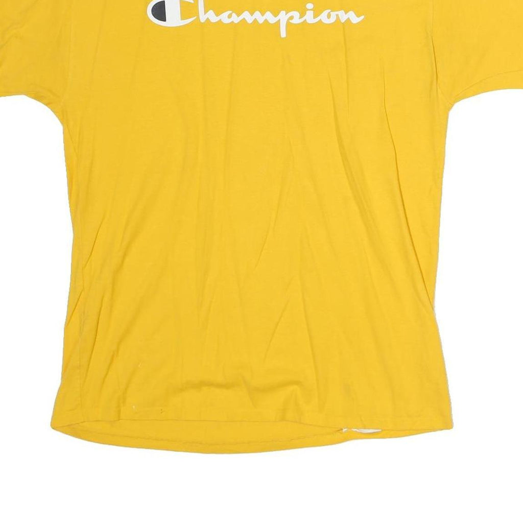 CHAMPION Mens Yellow Logo Print T-Shirt L Short Sleeve Crew Neck Cotton Casual