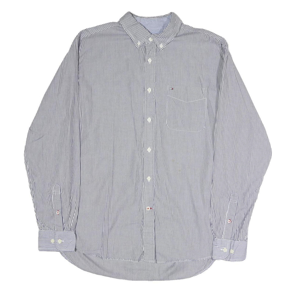 TOMMY HILFIGER Mens Blue & White Stripe Shirt L Classic Button Down Long Sleeve