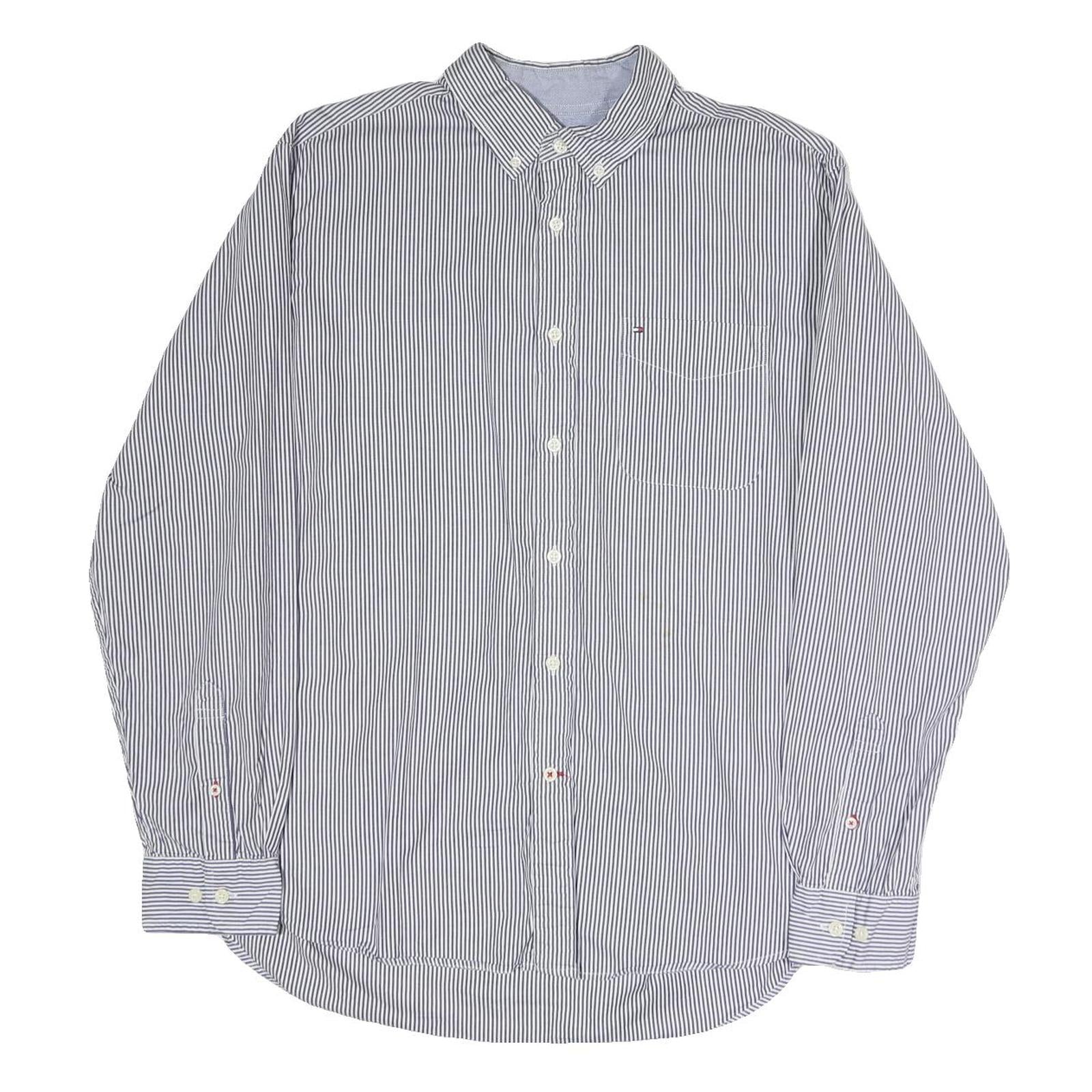 TOMMY HILFIGER Mens Blue & White Stripe Shirt L Classic Button Down Long Sleeve