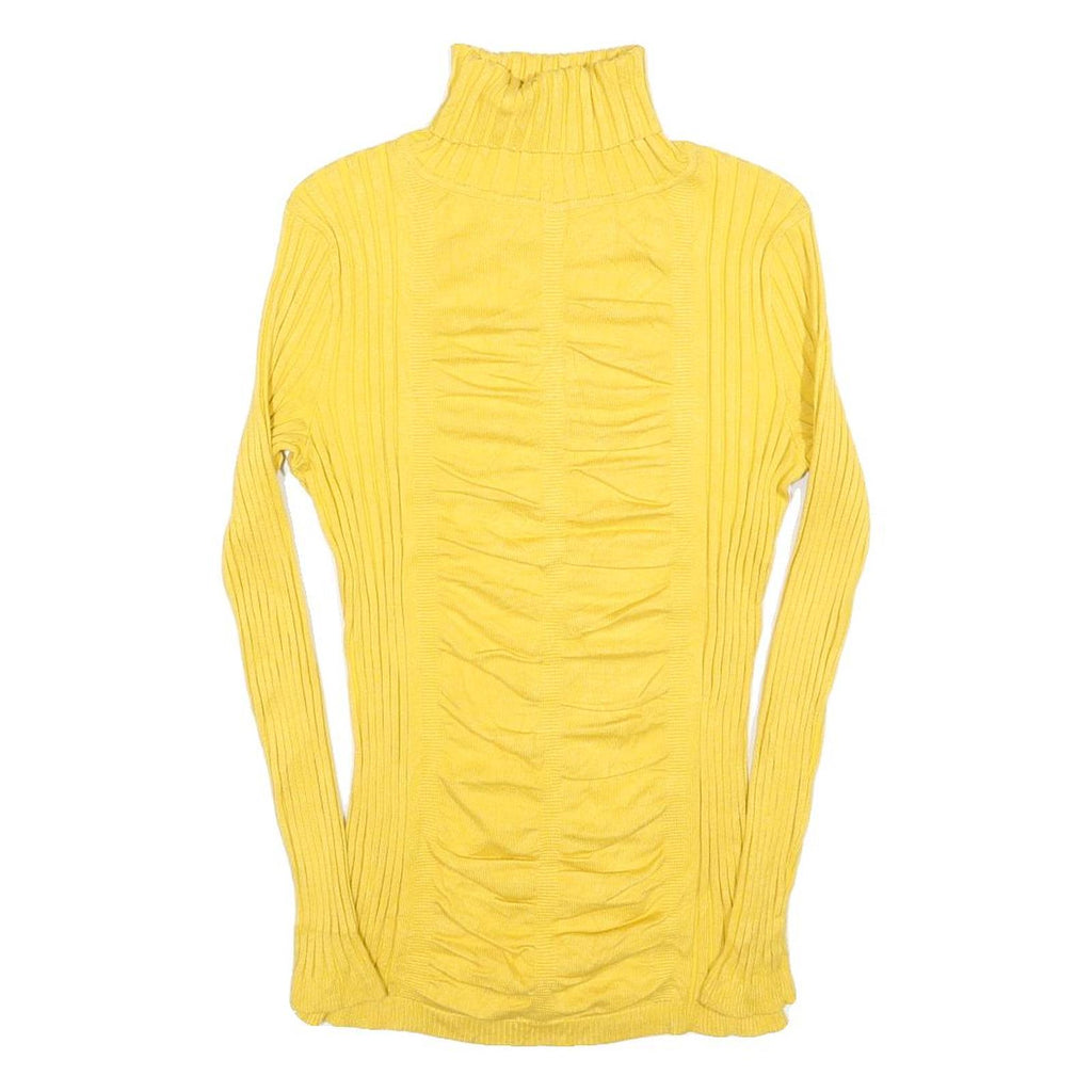 ITS OUR TIME Womens Yellow Plain Rib Knit Roll Neck Jumper L Lightweight Stretch