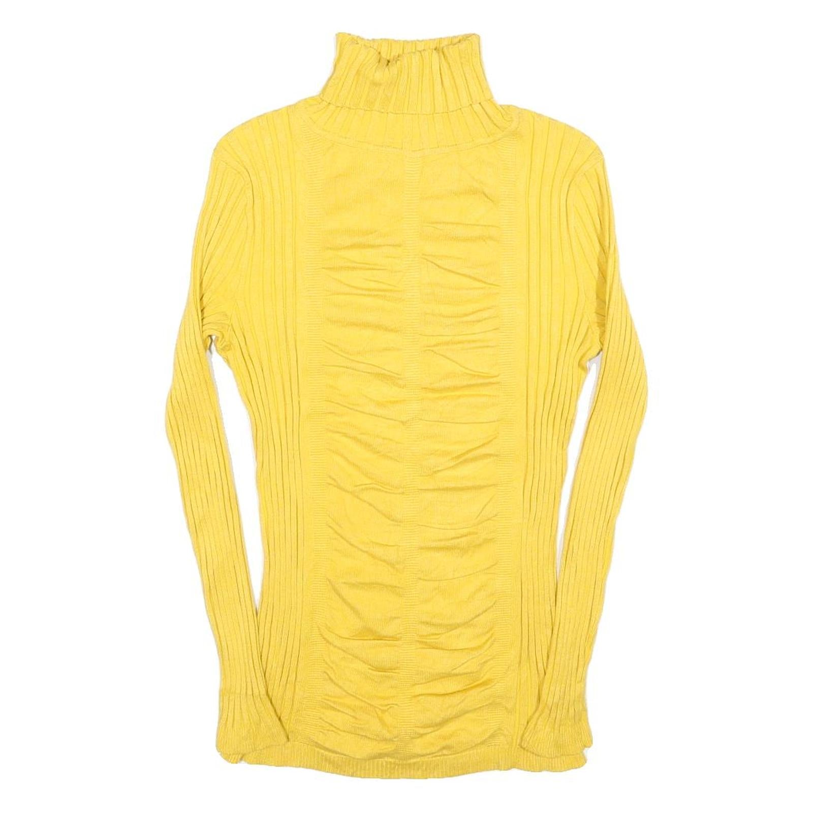 ITS OUR TIME Womens Yellow Plain Rib Knit Roll Neck Jumper L Lightweight Stretch