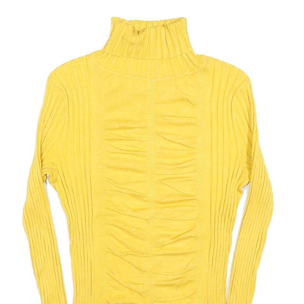 ITS OUR TIME Womens Yellow Plain Rib Knit Roll Neck Jumper L Lightweight Stretch