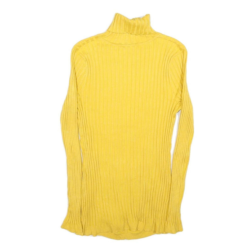 ITS OUR TIME Womens Yellow Plain Rib Knit Roll Neck Jumper L Lightweight Stretch