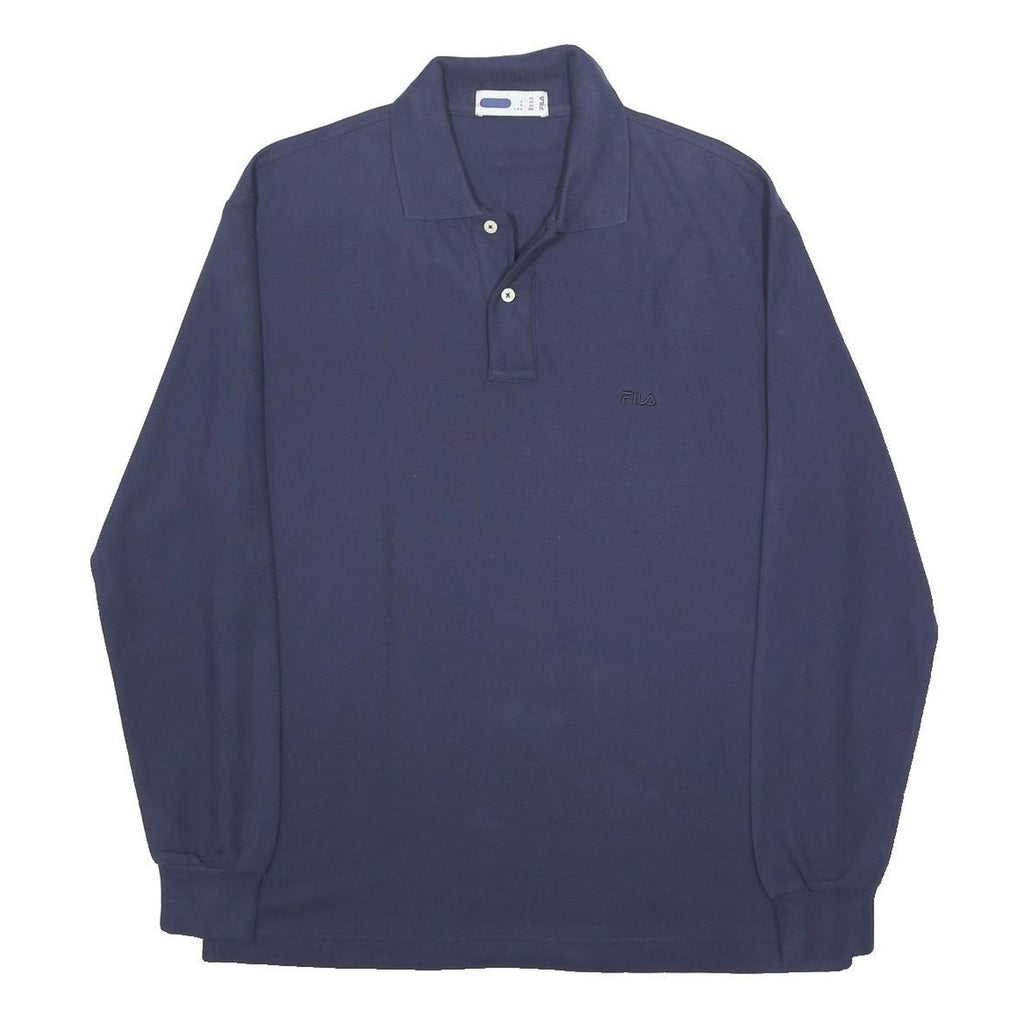 FILA Mens Blue Long Sleeve Plain Polo Shirt M Cotton Casual Classic