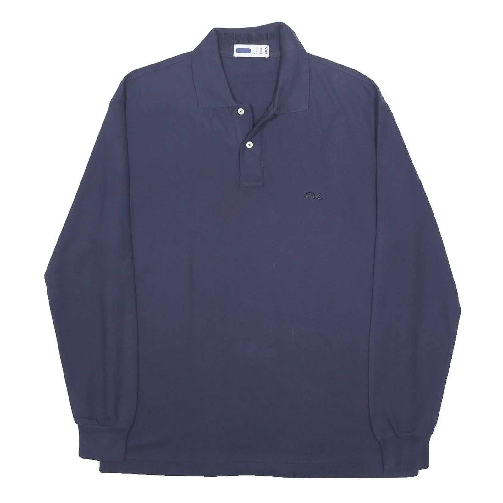 FILA Mens Blue Long Sleeve Plain Polo Shirt M Cotton Casual Classic
