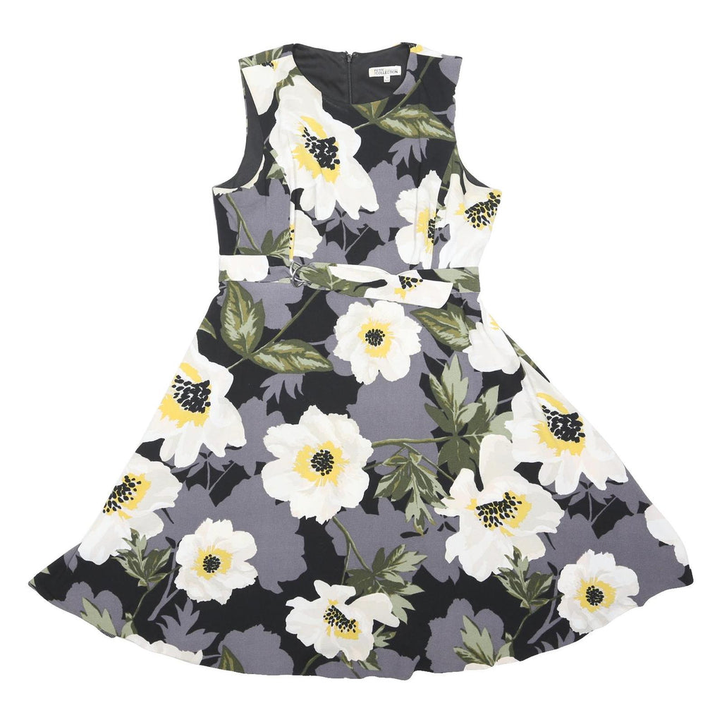 DEBENHAMS Womens Black & Grey Floral Belted Day Dress Polyester Blend Sleeveless