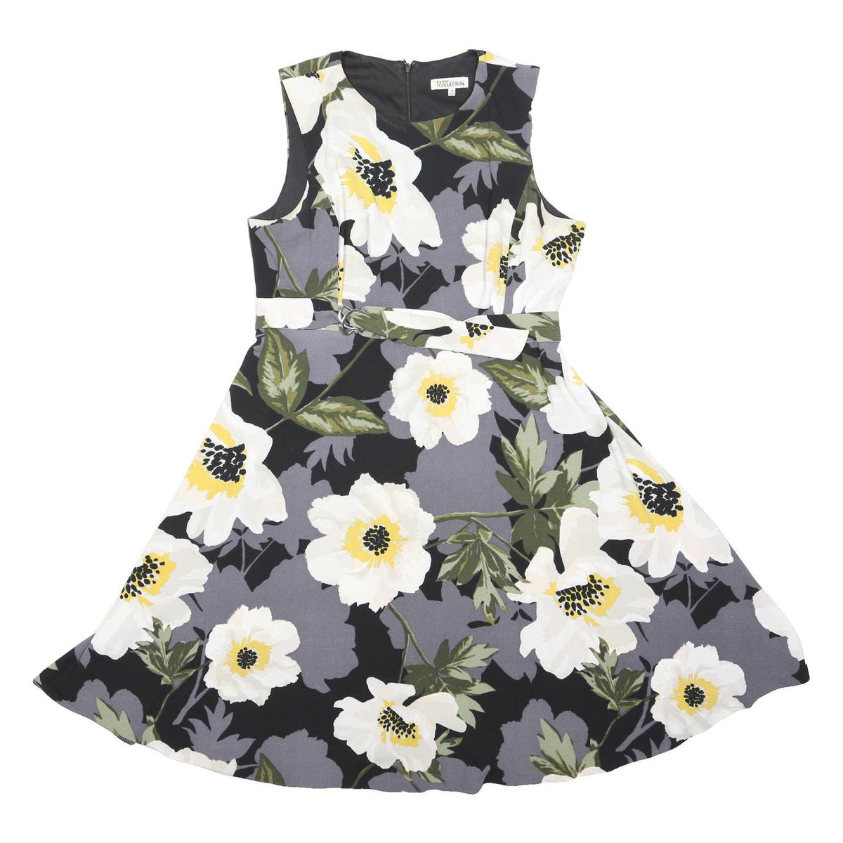 DEBENHAMS Womens Black & Grey Floral Belted Day Dress Polyester Blend Sleeveless