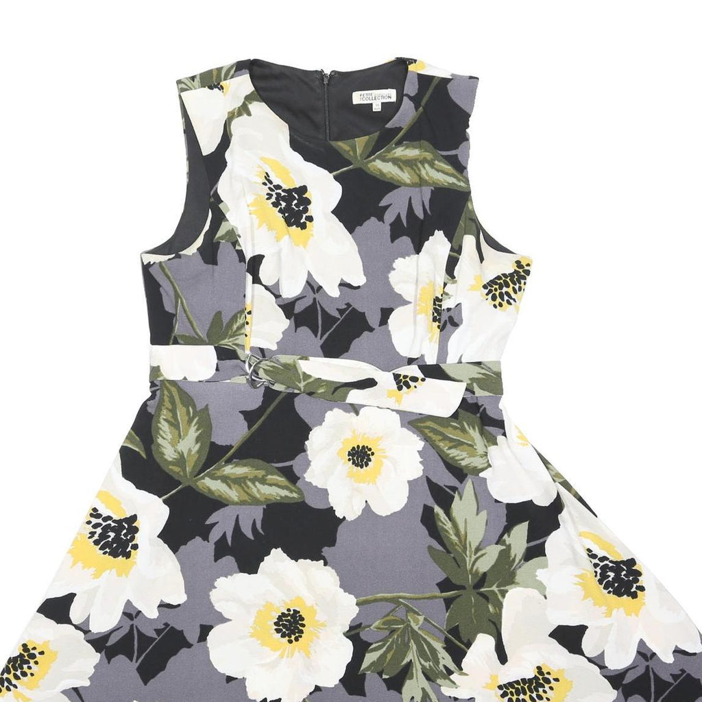 DEBENHAMS Womens Black & Grey Floral Belted Day Dress Polyester Blend Sleeveless