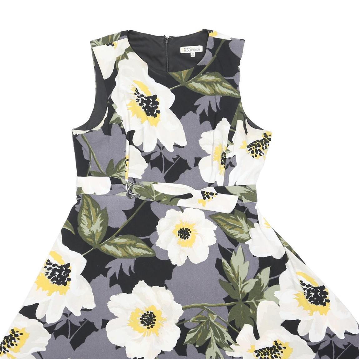 DEBENHAMS Womens Black & Grey Floral Belted Day Dress Polyester Blend Sleeveless