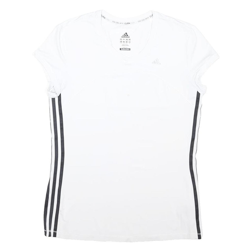 ADIDAS Womens White & Black Polyester Blend T-Shirt L Short Sleeve V-Neck Sports