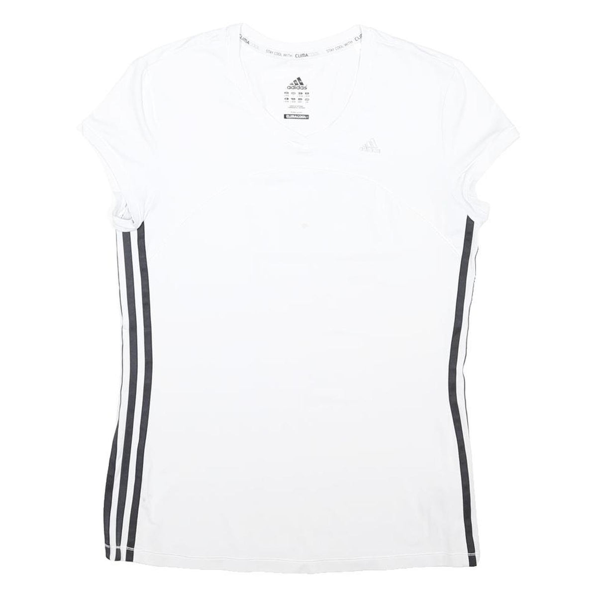 ADIDAS Womens White & Black Polyester Blend T-Shirt L Short Sleeve V-Neck Sports