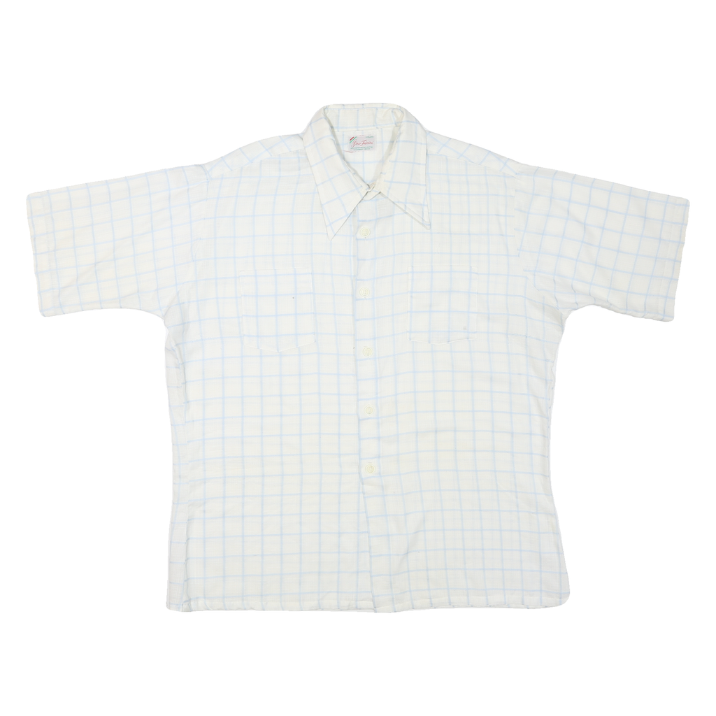 GINO FABRINI Mens White & Blue Checked Shirt Cotton Blend XL Casual Short Sleeve