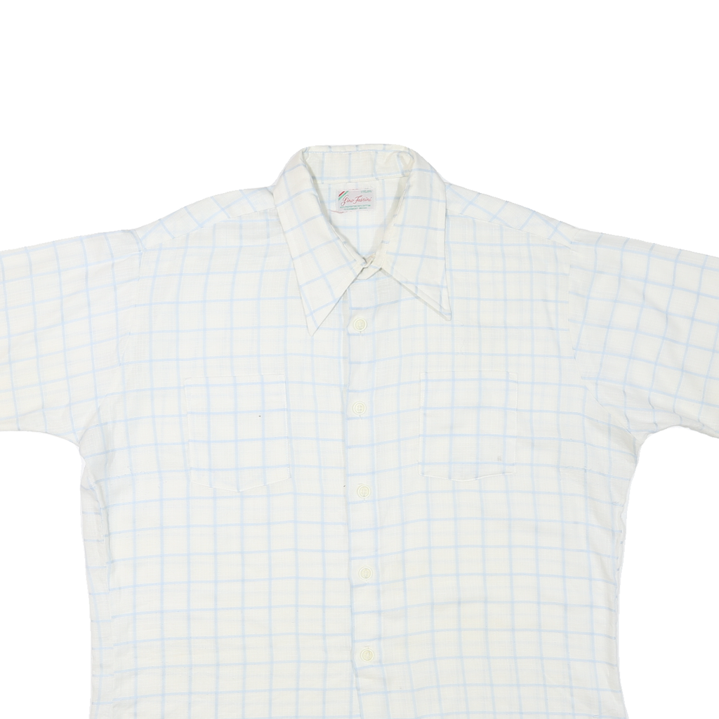 GINO FABRINI Mens White & Blue Checked Shirt Cotton Blend XL Casual Short Sleeve