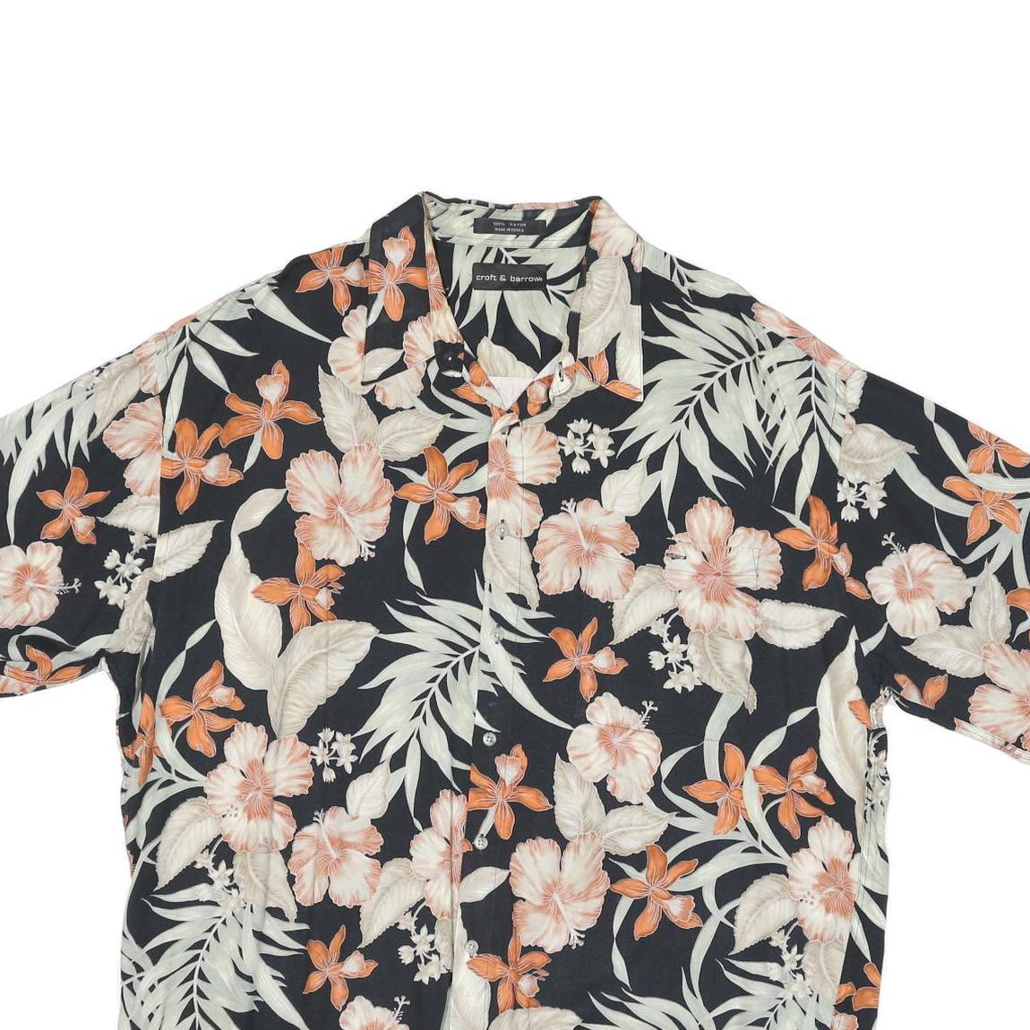 CROFT & BARROW Mens Black & Orange Hawaiian Shirt XL Summer Rayon Floral