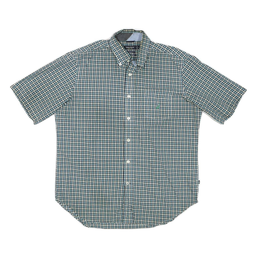 NAUTICA Mens Blue & Cream Check Shirt L Button Down Short Sleeve Cotton Blend