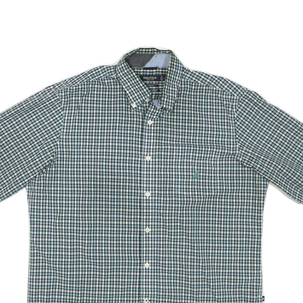NAUTICA Mens Blue & Cream Check Shirt L Button Down Short Sleeve Cotton Blend