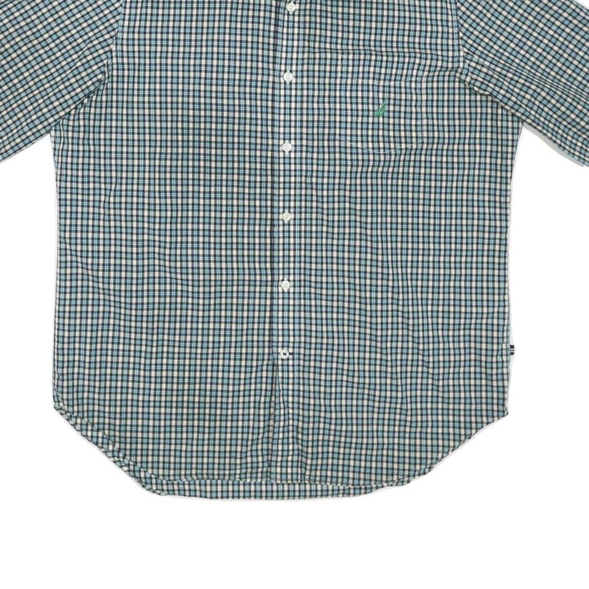 NAUTICA Mens Blue & Cream Check Shirt L Button Down Short Sleeve Cotton Blend