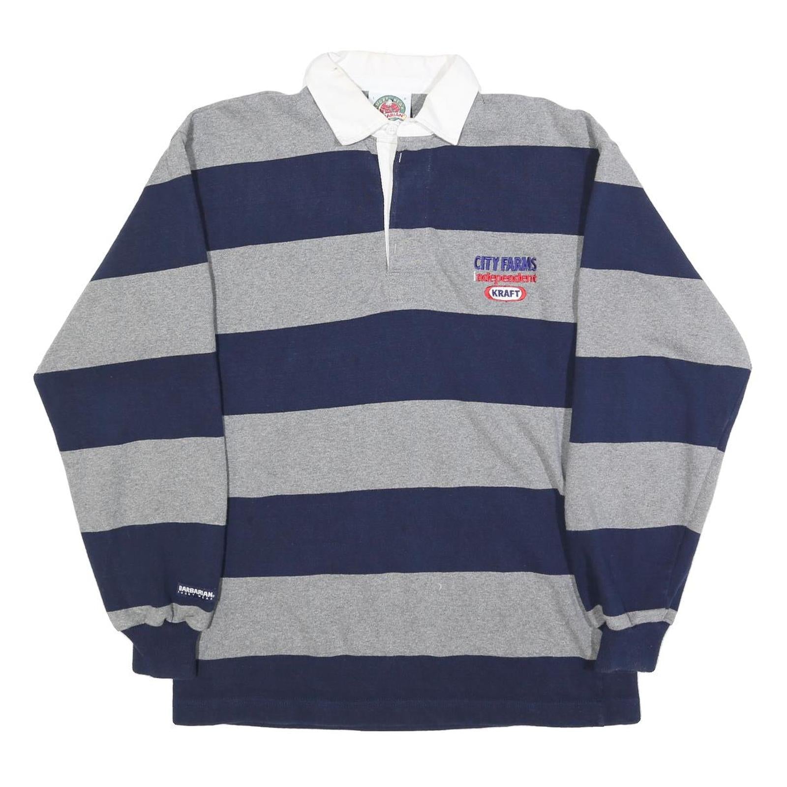 BARBARIAN Mens Grey & Navy Blue Rugby Stripe Long Sleeve Polo Shirt L Cotton
