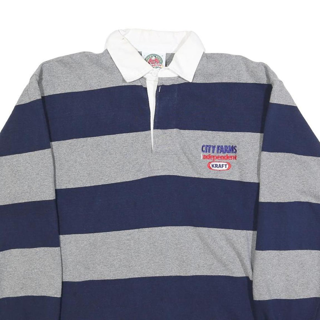 BARBARIAN Mens Grey & Navy Blue Rugby Stripe Long Sleeve Polo Shirt L Cotton