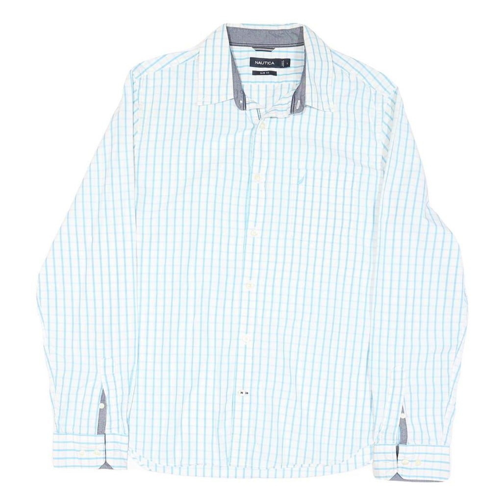NAUTICA Mens White & Blue Checked Slim Fit Shirt L Cotton Blend Casual Smart