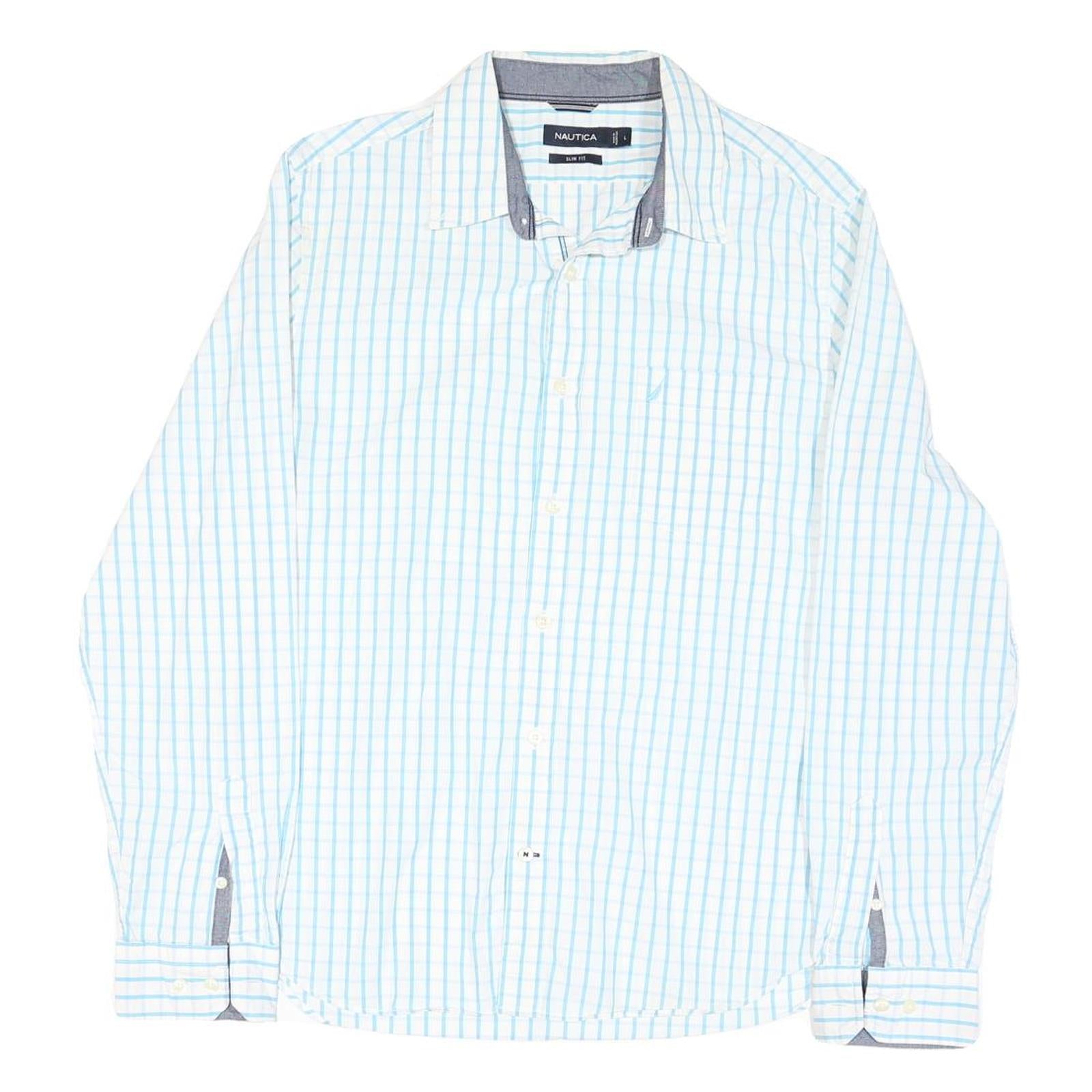 NAUTICA Mens White & Blue Checked Slim Fit Shirt L Cotton Blend Casual Smart