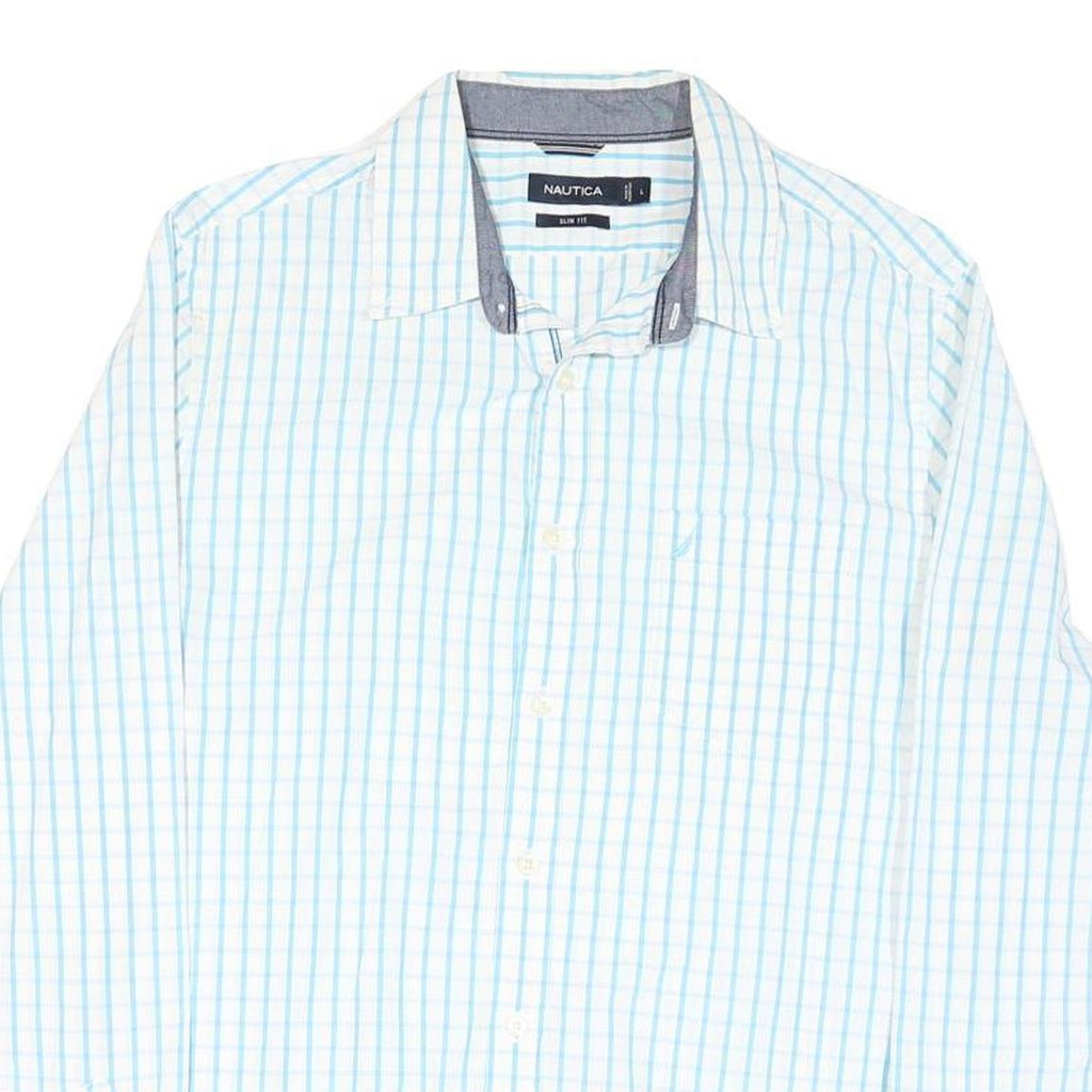NAUTICA Mens White & Blue Checked Slim Fit Shirt L Cotton Blend Casual Smart