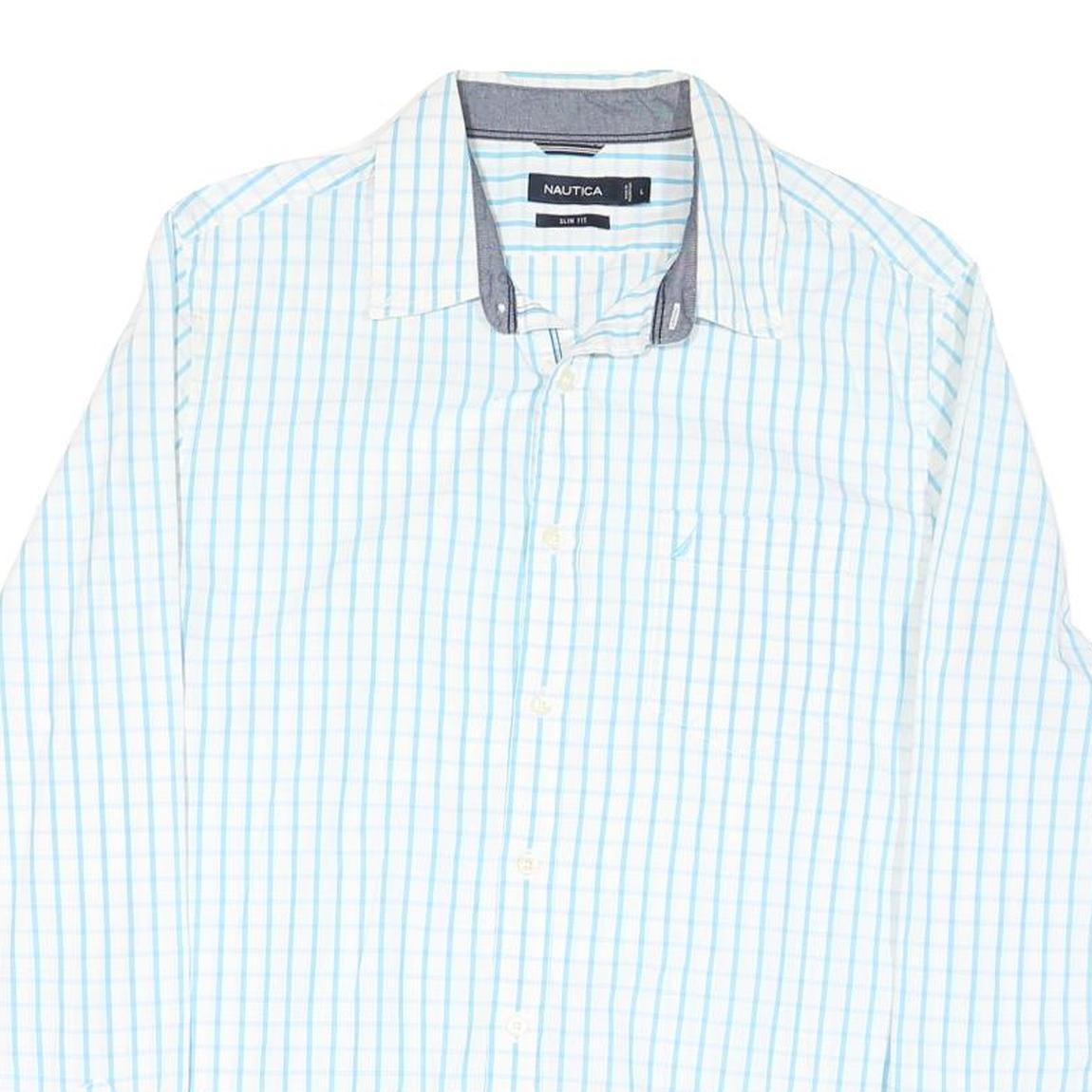 NAUTICA Mens White & Blue Checked Slim Fit Shirt L Cotton Blend Casual Smart