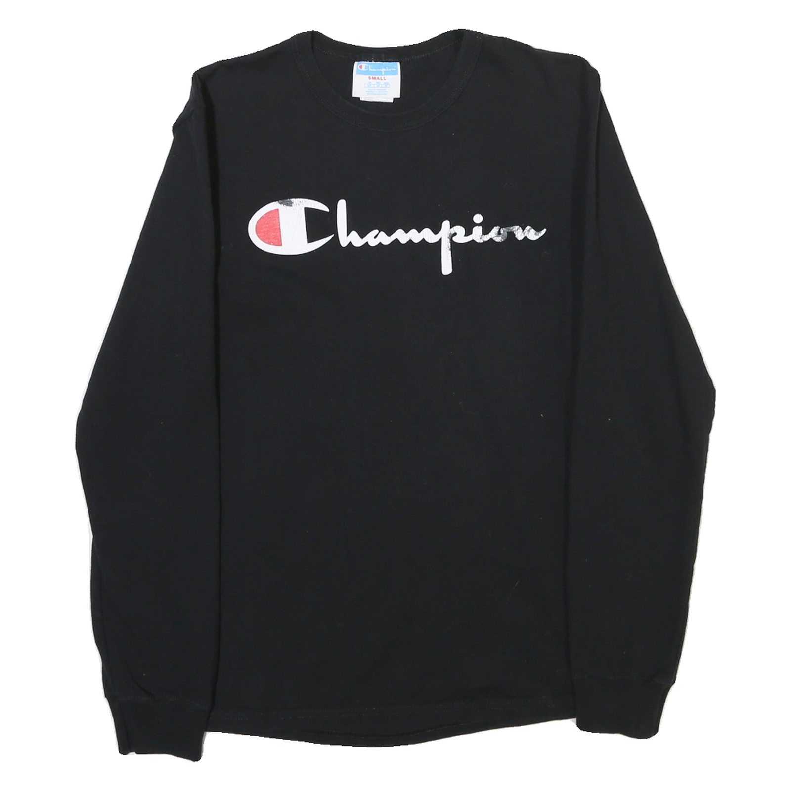 CHAMPION Mens Black Graphic Long Sleeve T-Shirt S Crew Neck Cotton Jersey