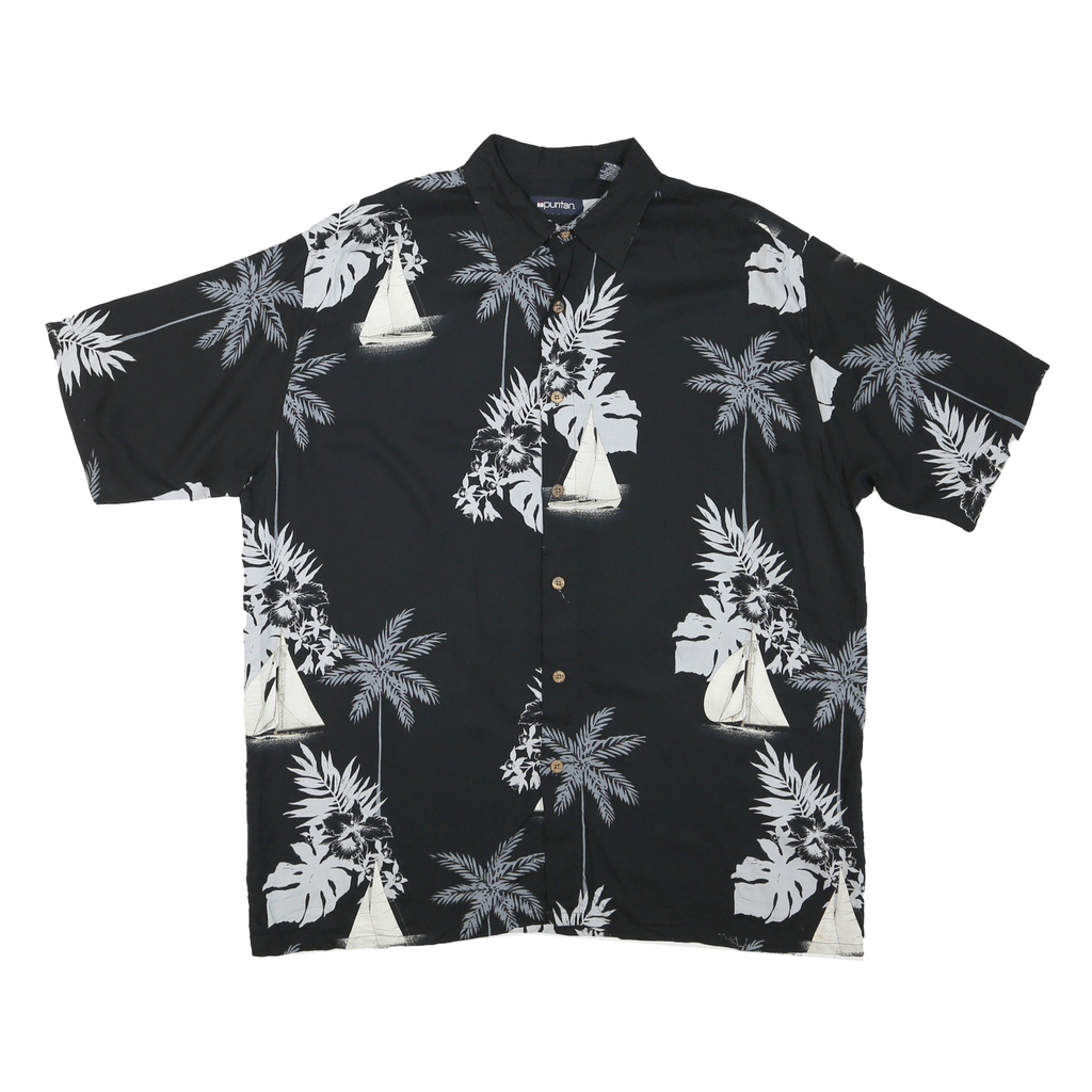 PURITAN Mens Black Plain Hawaiian Shirt M Cotton Blend Short Sleeve Casual