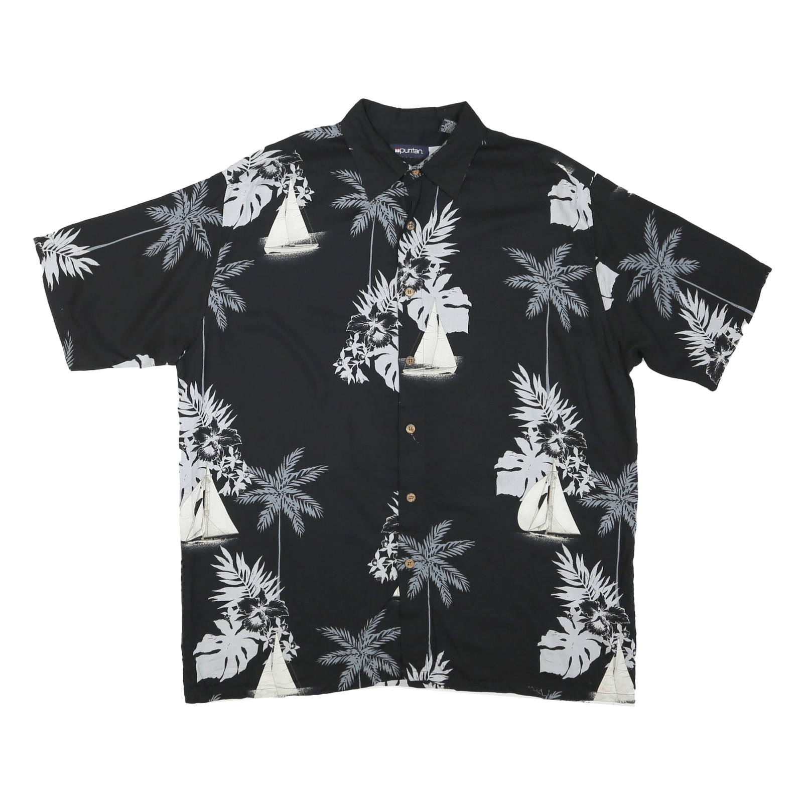 PURITAN Mens Black Plain Hawaiian Shirt M Cotton Blend Short Sleeve Casual