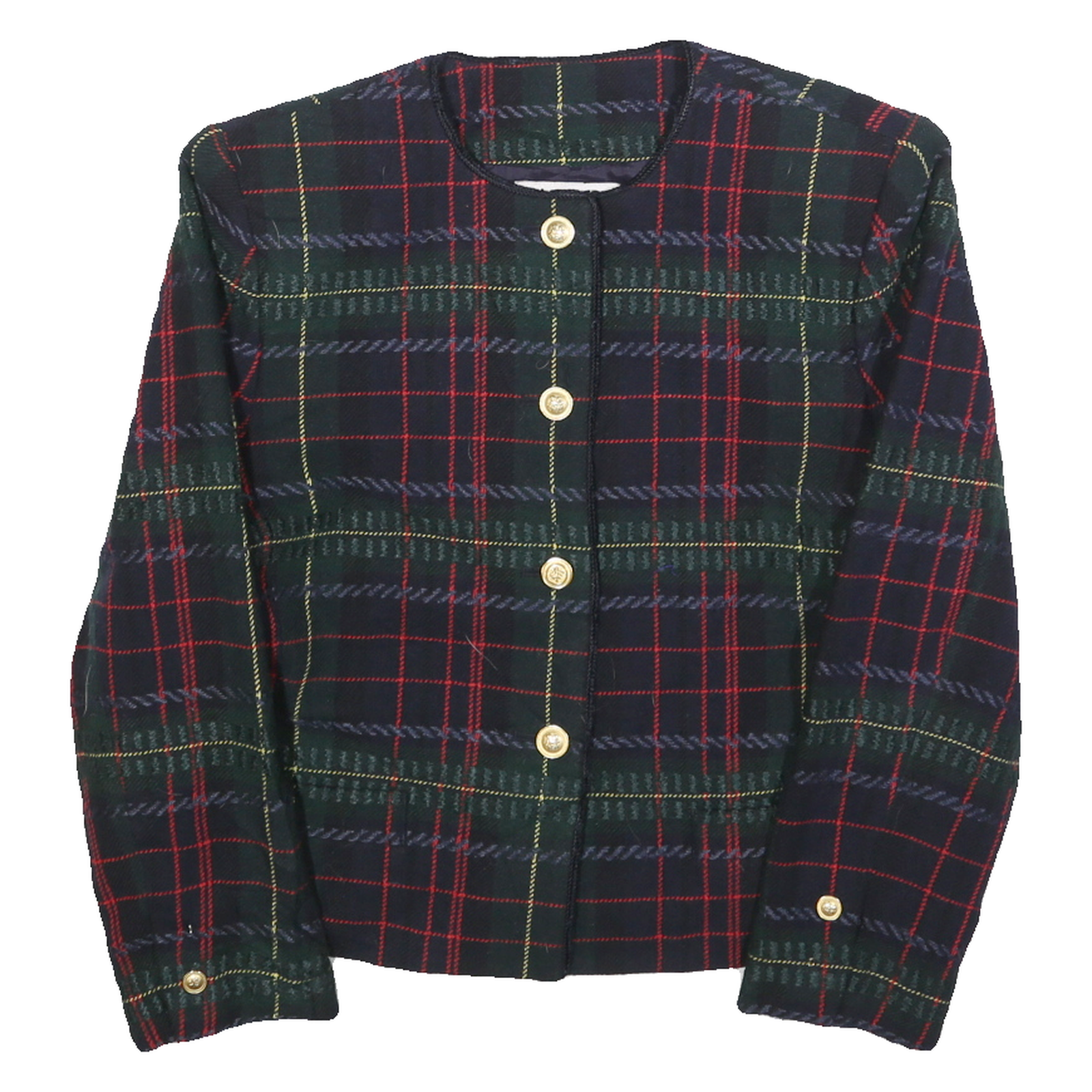 KASPAR Womens Navy & Green Tartan Wool Blend Button Jacket S Woven Classic
