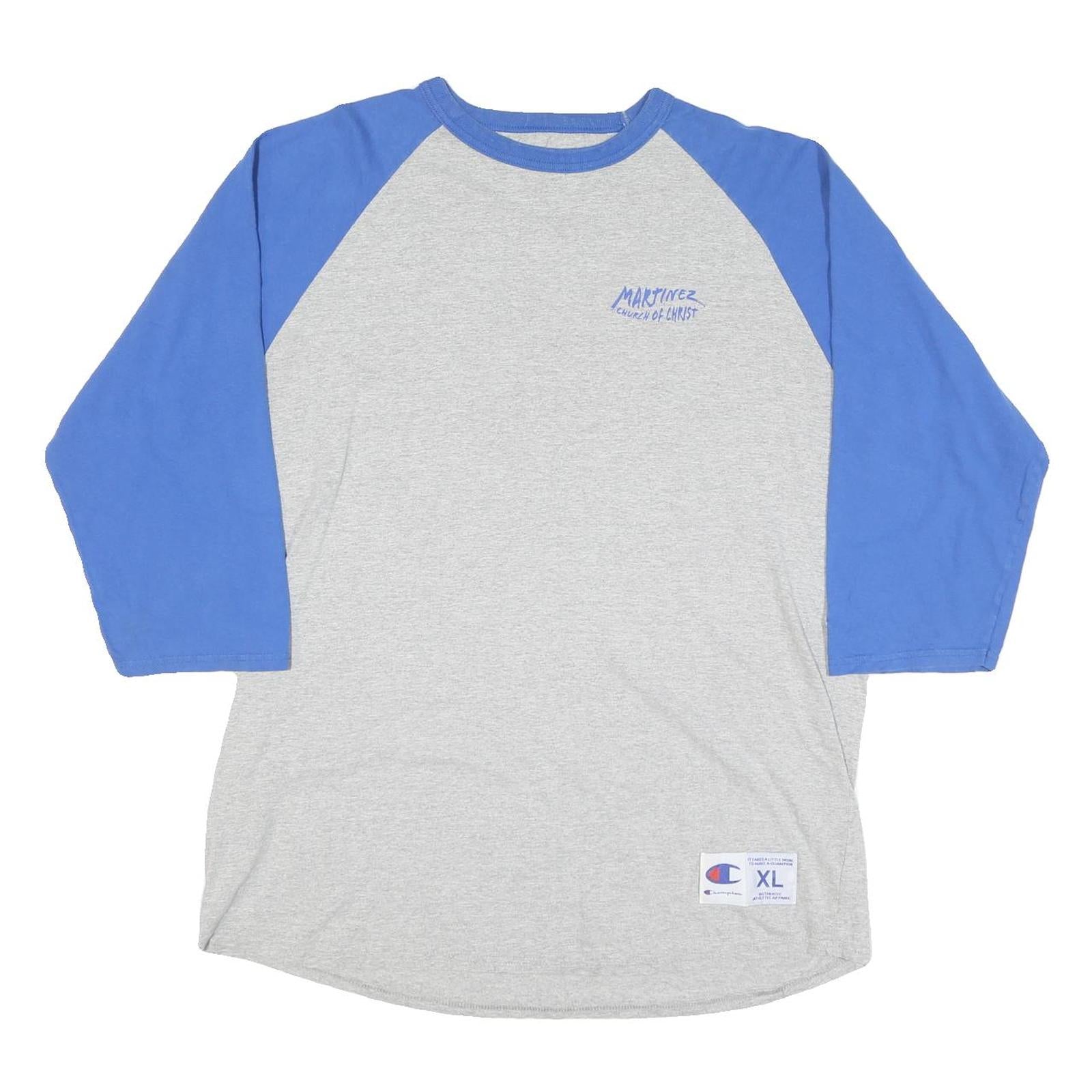 CHAMPION Mens Grey & Blue Graphic Baseball T-Shirt XL Long Sleeve Crew Neck