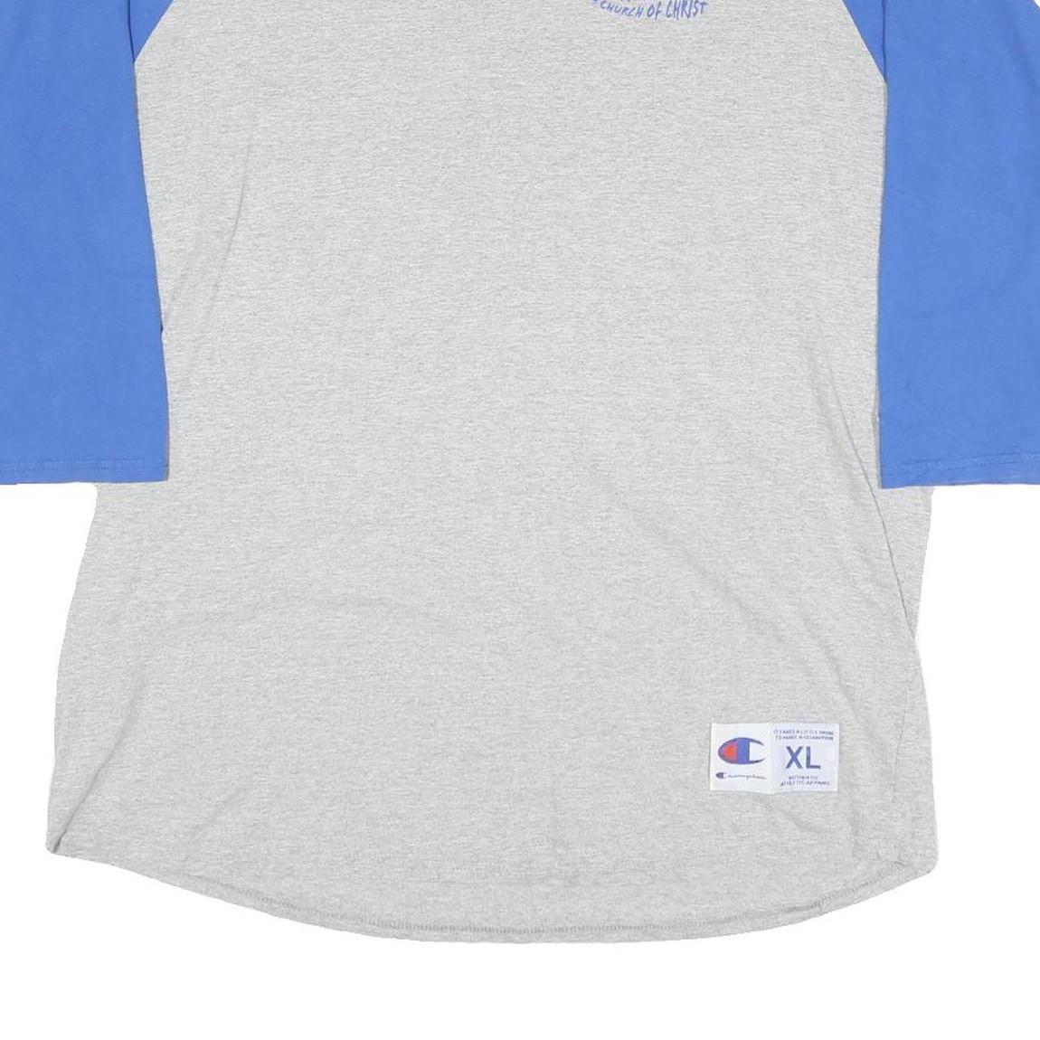 CHAMPION Mens Grey & Blue Graphic Baseball T-Shirt XL Long Sleeve Crew Neck