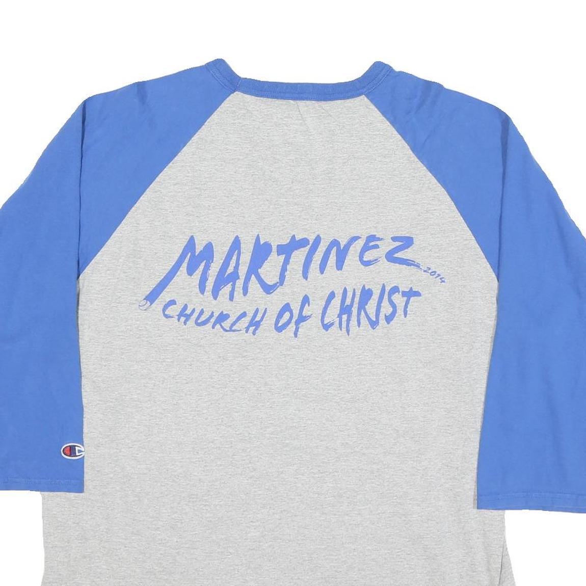 CHAMPION Mens Grey & Blue Graphic Baseball T-Shirt XL Long Sleeve Crew Neck