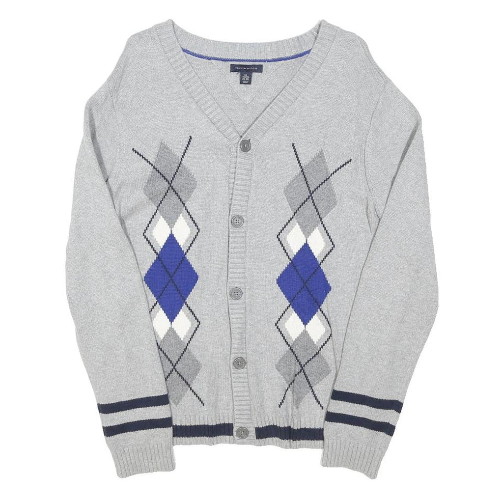 TOMMY HILFIGER Womens Grey Blue Argyle Pattern Button Up Cable Knit Uk 18 Jumper