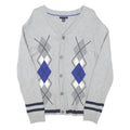 TOMMY HILFIGER Womens Grey Blue Argyle Pattern Button Up Cable Knit Uk 18 Jumper