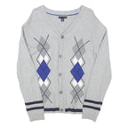 TOMMY HILFIGER Womens Grey Blue Argyle Pattern Button Up Cable Knit Uk 18 Jumper