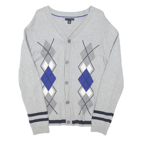 TOMMY HILFIGER Womens Grey Blue Argyle Pattern Button Up Cable Knit Uk 18 Jumper