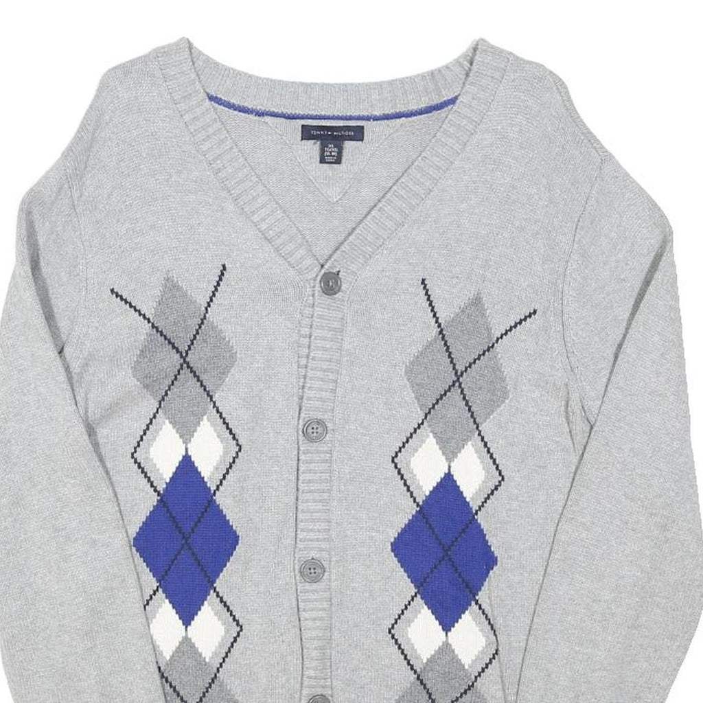 TOMMY HILFIGER Womens Grey Blue Argyle Pattern Button Up Cable Knit Uk 18 Jumper