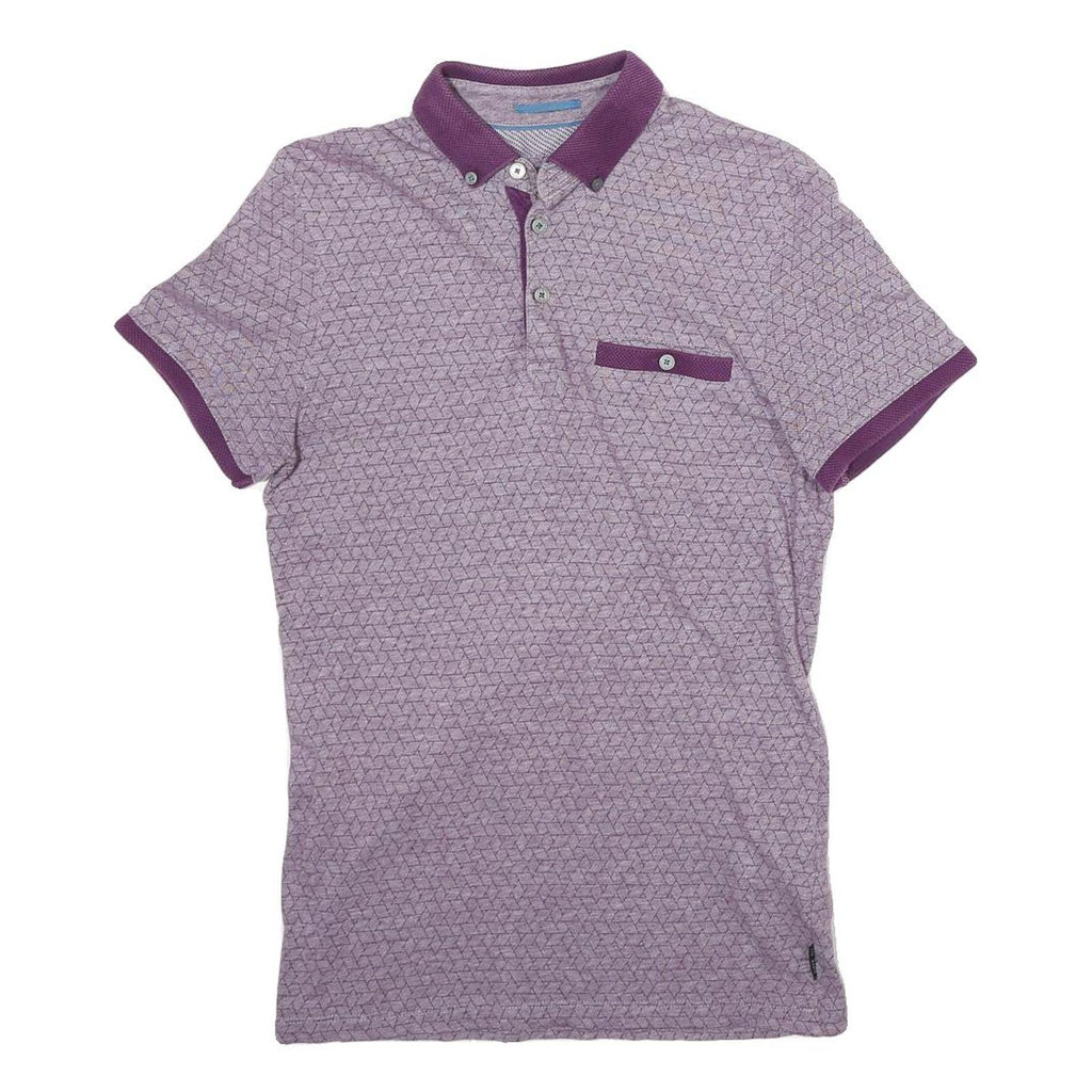 TED BAKER Mens Purple Polo Shirt Short Sleeve Geometric Print S Button Collar